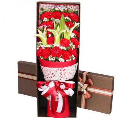 19朵粉色康乃馨+2朵白百合花束礼盒 同城鲜花配送