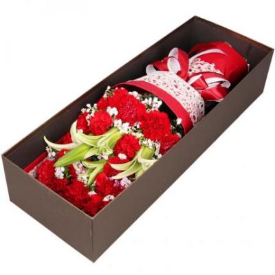 19朵粉色康乃馨+2朵白百合花束礼盒 同城鲜花配送