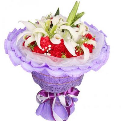 19朵红色康乃馨+2朵香水百合花束 同城鲜花配送