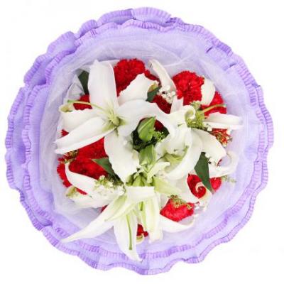 19朵红色康乃馨+2朵香水百合花束 同城鲜花配送