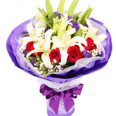 5朵香水白百合+6朵红玫瑰花束 同城鲜花配送