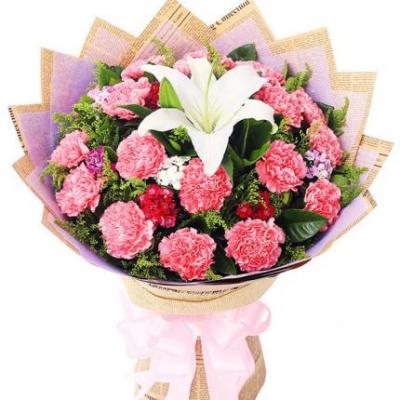 19朵粉色康乃馨+1朵香水白百合花束 同城鲜花配送