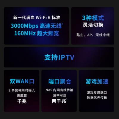 普联TP-LINK TL-XDR3030易展版 WiFi6千兆无线路由器/5G双频/千兆家用穿墙/玄鸟AX3000满血/Mesh/3000M无线速率/支持双宽带接入
