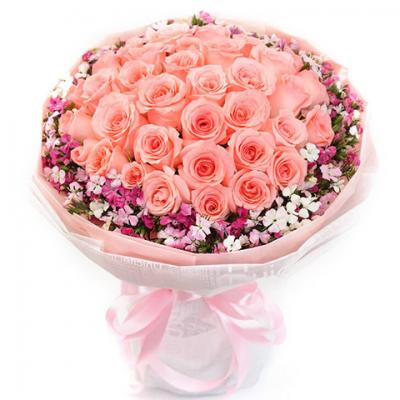 520情人节鲜花:粉色晴空 33朵精品粉玫瑰花束
